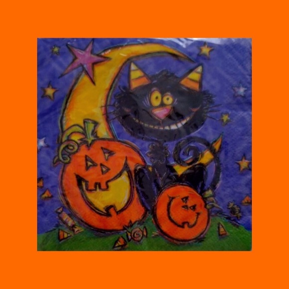 VTG 90s Halloween Black Cat Jack-o-Lantern Cocktail Party Napkins 24 Count NIP - Picture 6 of 6
